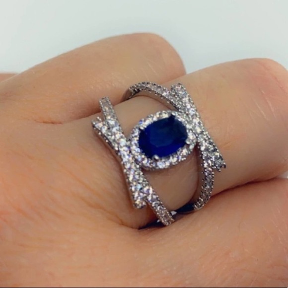 Silver Sapphire Halo X Ring - Picture 2 of 5